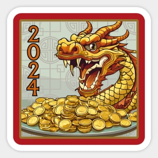 Happy Chinese New Year of the Dragon and Pile of Gold Coins for 2024 Sticker